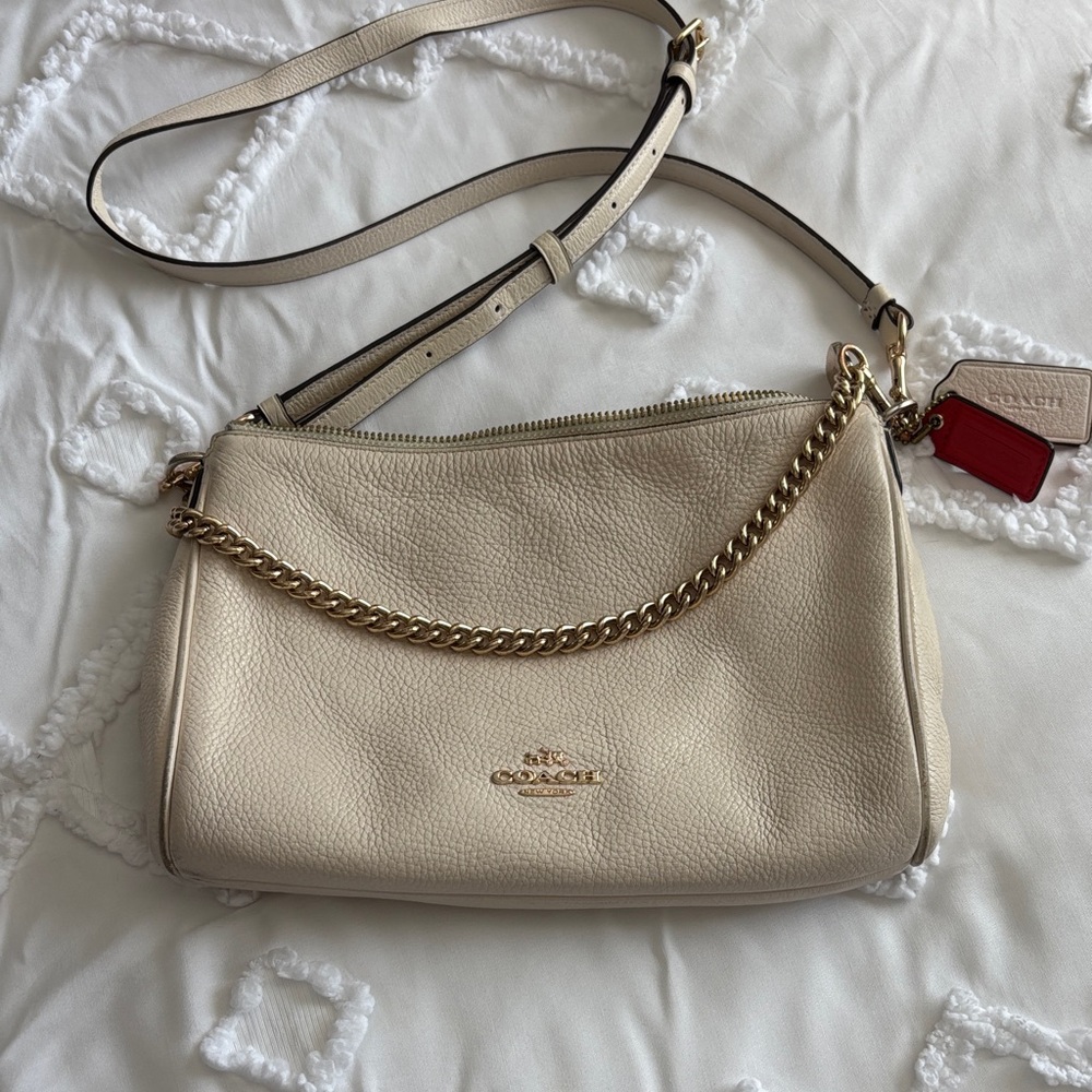 Coach Beige Leather Shoulder Bag with Gold Chain